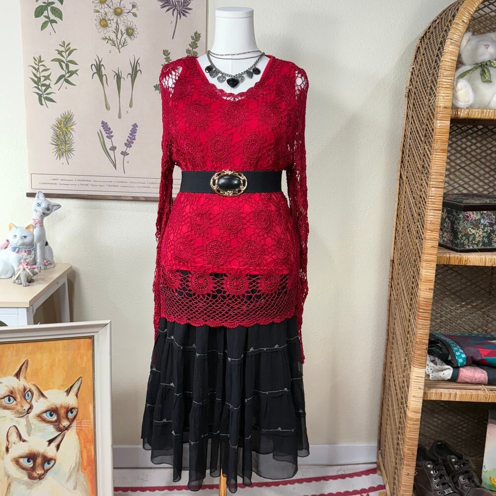 Vintage 90s Y2k Crochet Beaded Tunic Top Tank Romantic Goth Whimsigoth Witchy L